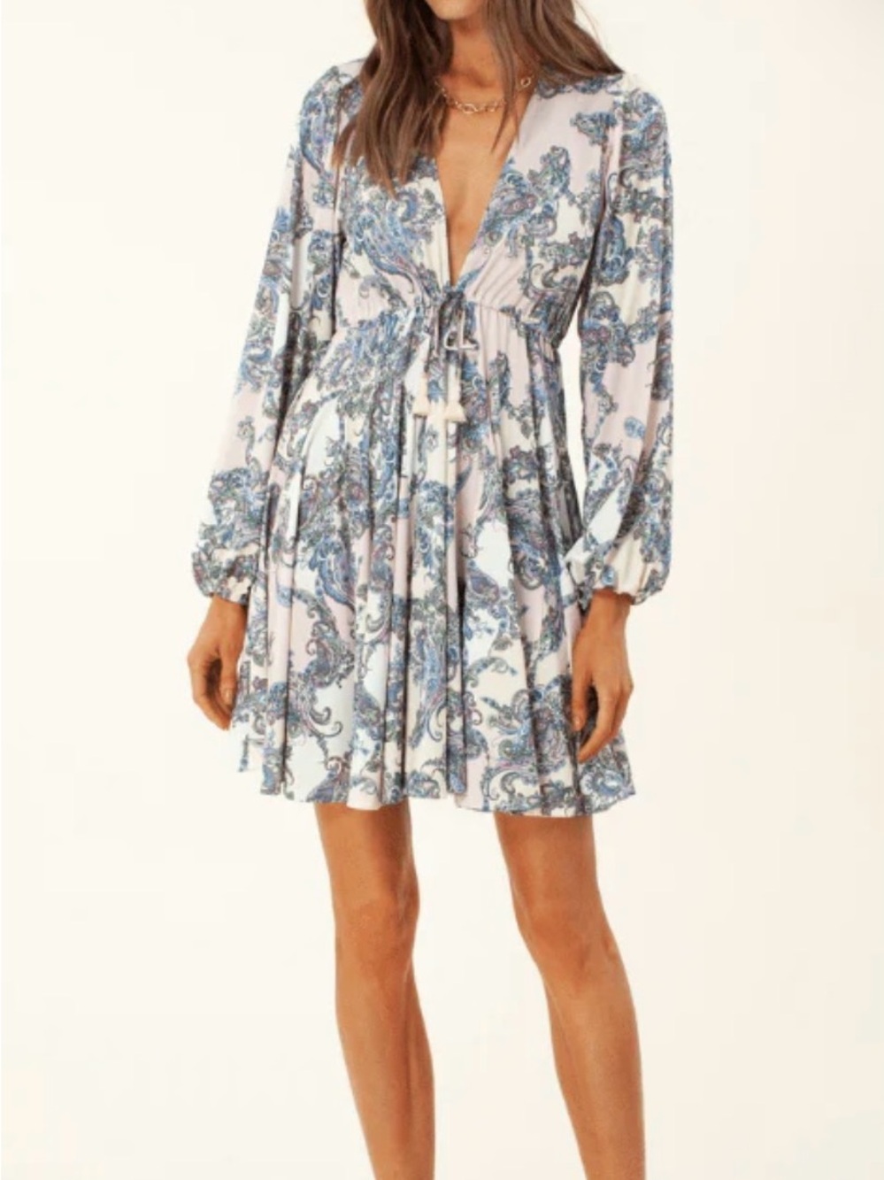 Hale Bob Blue Paisley V-Neck Mini Dress